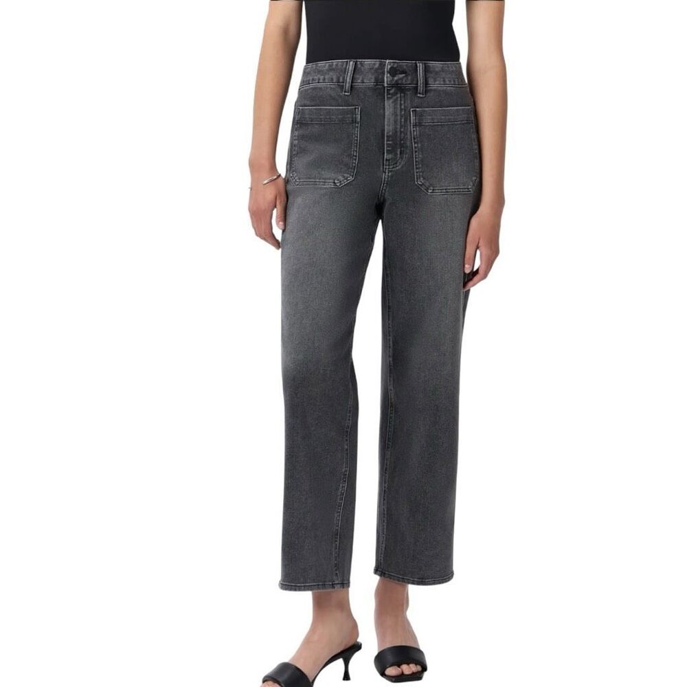 Quince Bella Stretch Patch Pocket Wide Leg Jeans Size 31 Black Wash Cropped